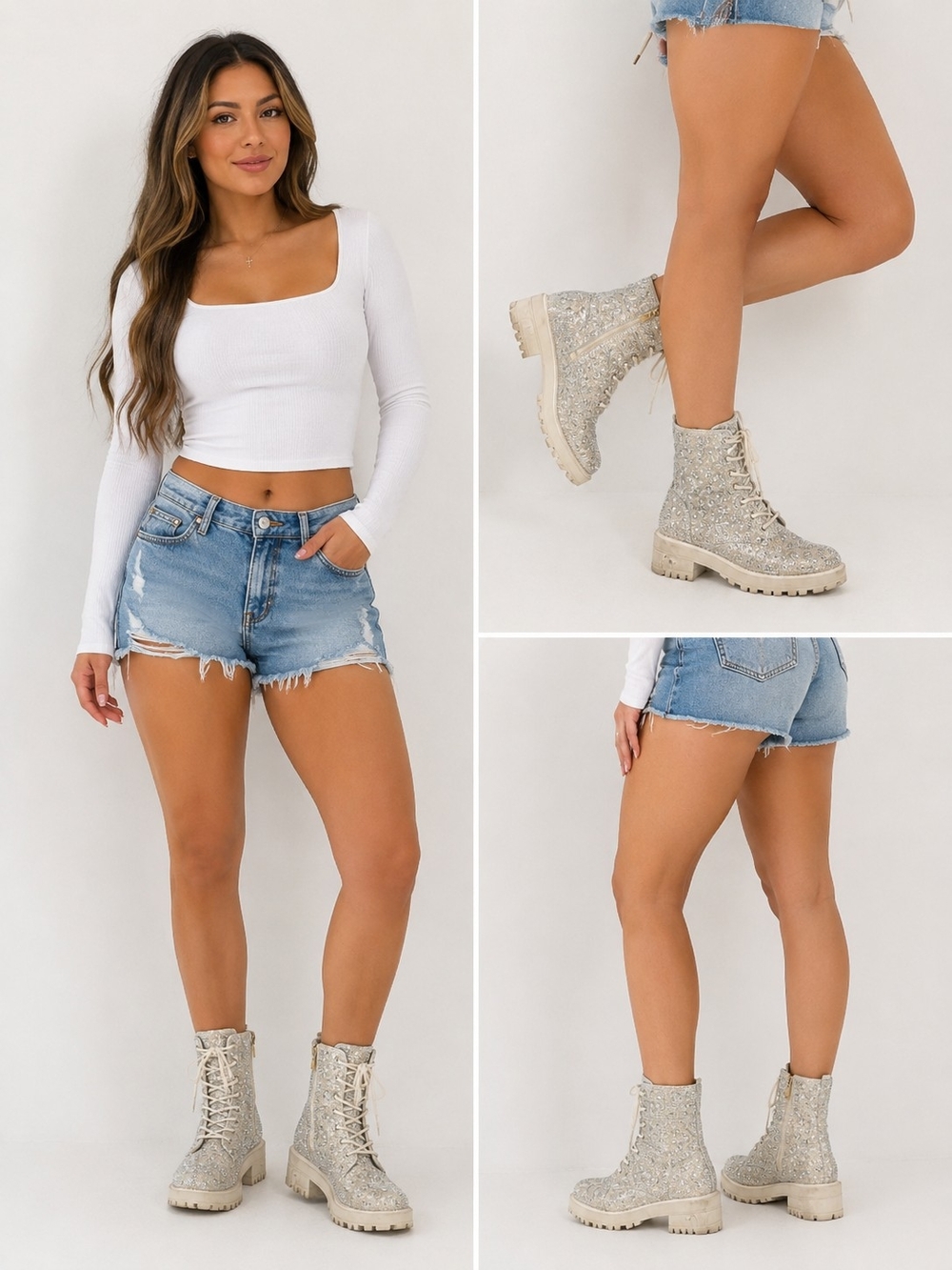 Gianni Bini Women's Cream Glitter Lace-Up Combat Boots - Picture 2 of 4